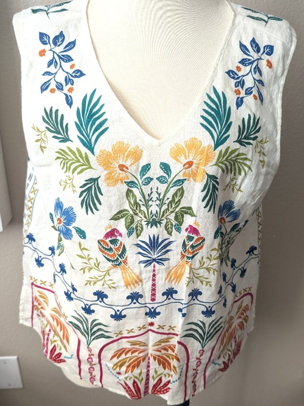 Johnny Was Tropical Print Back Button Tank, Multicolor, XL